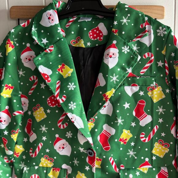 Boys M 8/10 Green Christmas Santa Print 2-Piece Holiday Suit Jacket & Pants - Picture 4 of 11